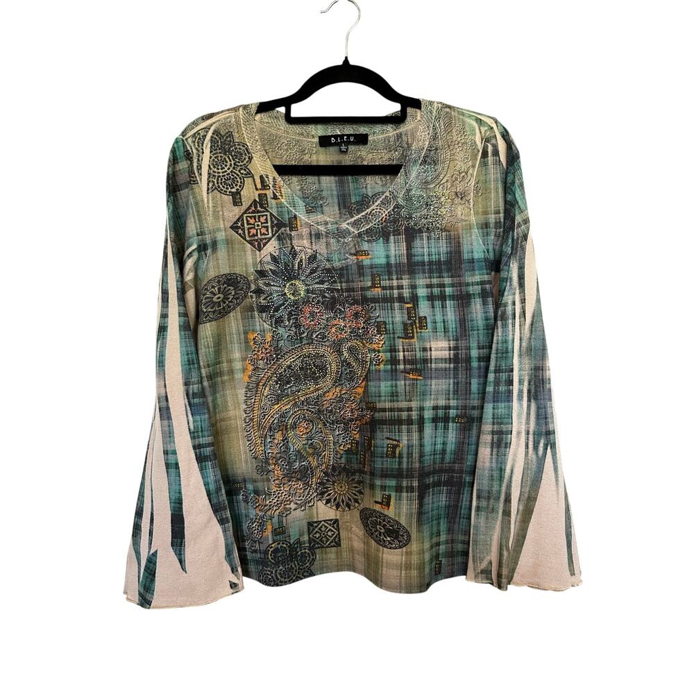 intage Bleu Y2K Graphic Collage Rhinestone Top Bell Sleeves Large
